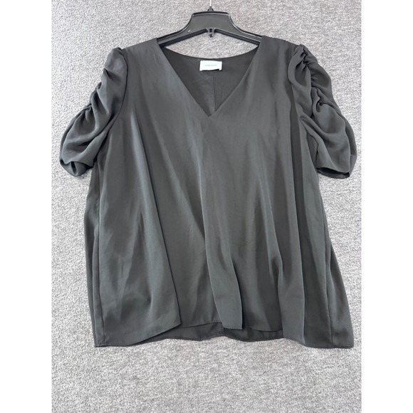Adrienne Tops - Adrienne Womens Black Ruched Puff Sleeve V-Neck Blouse Top XL